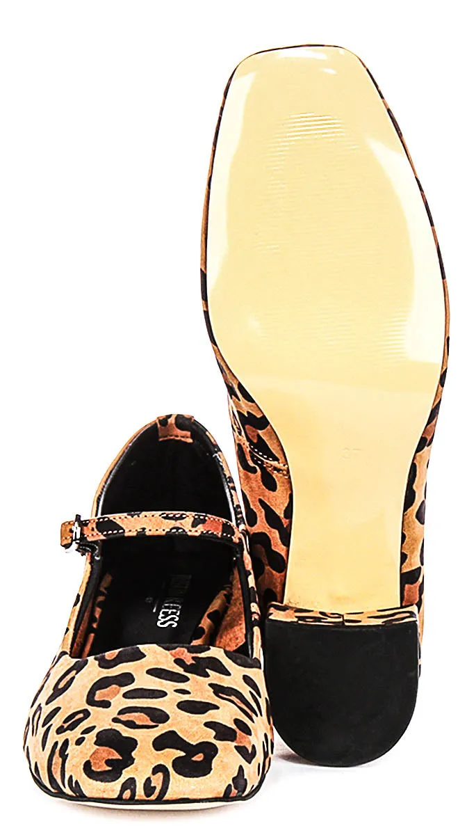 Justinreess England Kamila Square Toe Mary Jane Heel in Leopard Print