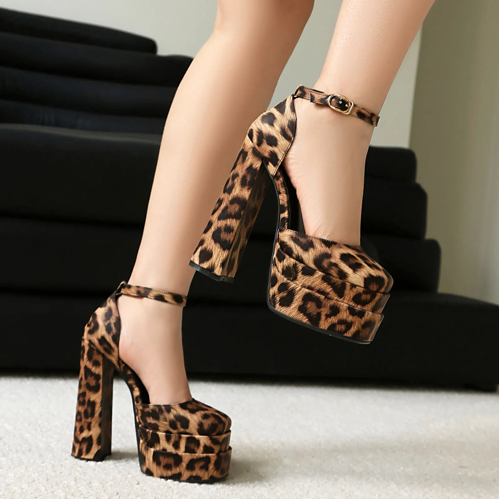 Leopard Platform Heels with Gold Buckle