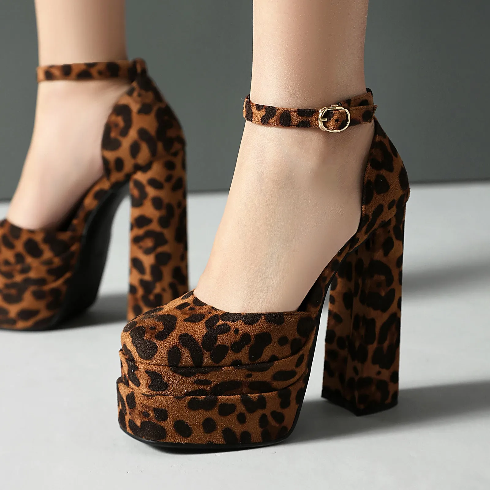 Leopard Platform Heels with Gold Buckle