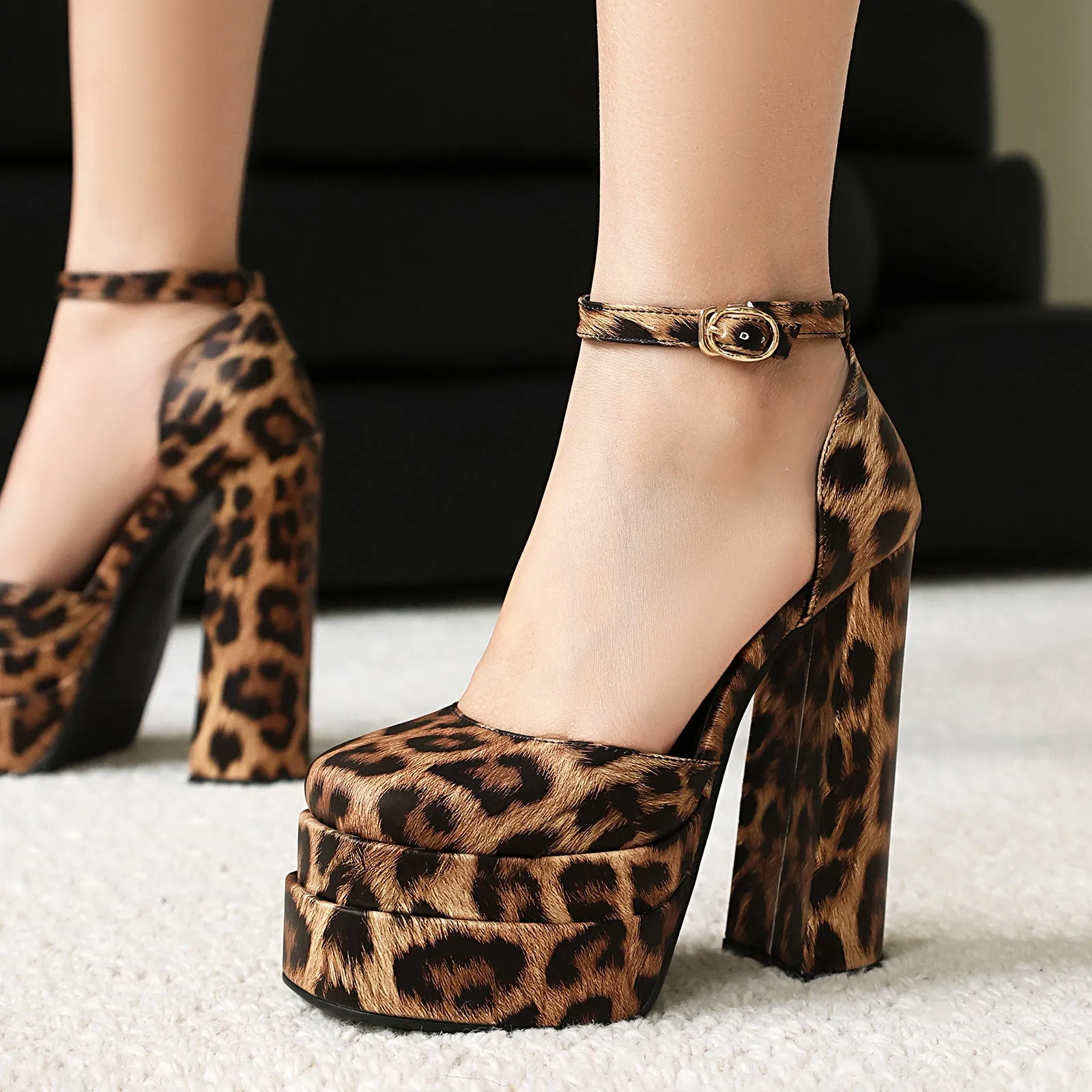 Leopard Platform Heels with Gold Buckle