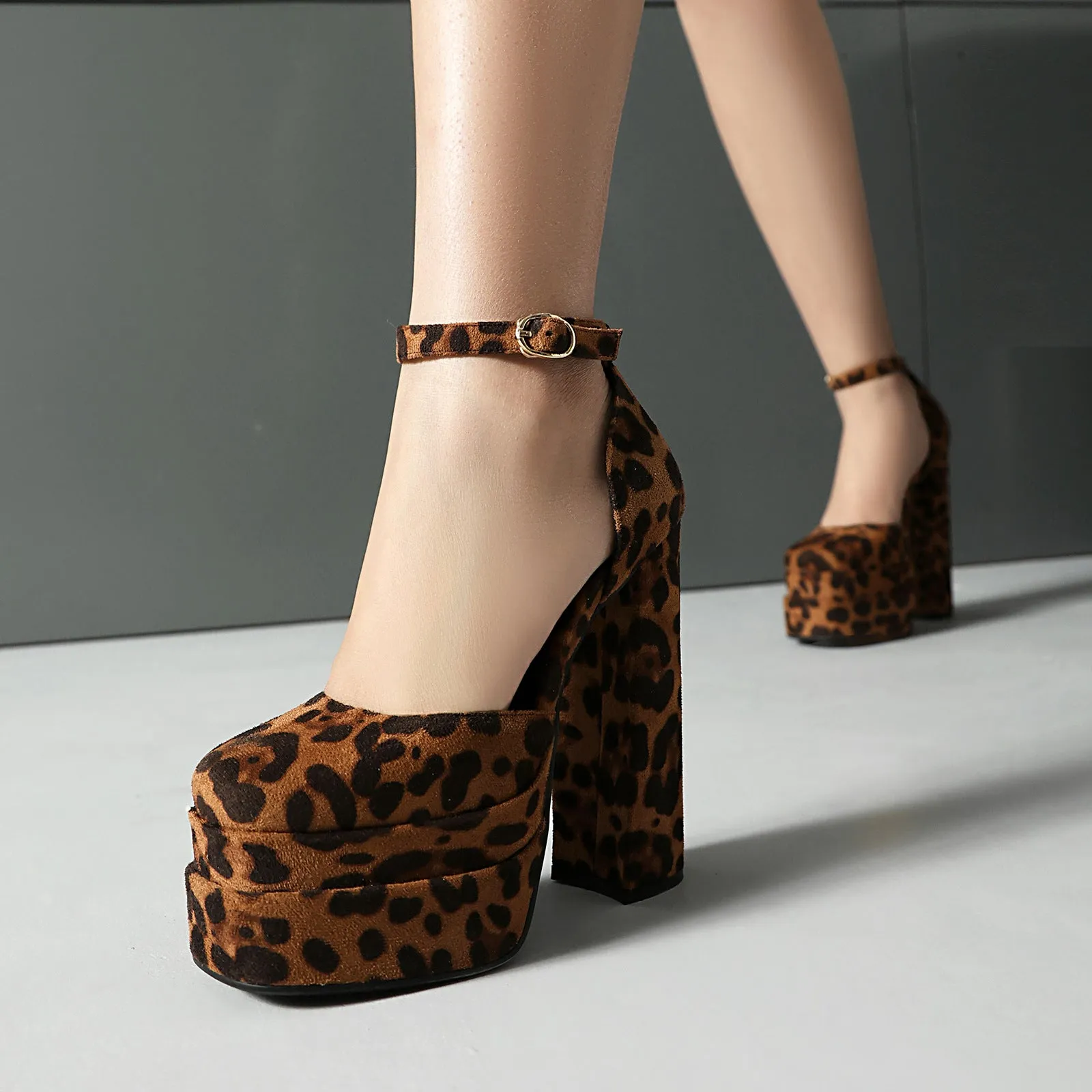 Leopard Platform Heels with Gold Buckle