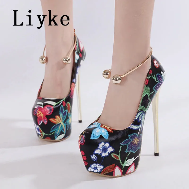 Liyke Sexy Metal Ankle Strap Women Platform Pumps Fashion Print Flowers Leather Round Toe Super High Heels Party Stripper Shoes