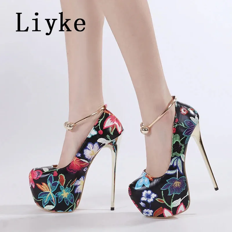 Liyke Sexy Metal Ankle Strap Women Platform Pumps Fashion Print Flowers Leather Round Toe Super High Heels Party Stripper Shoes