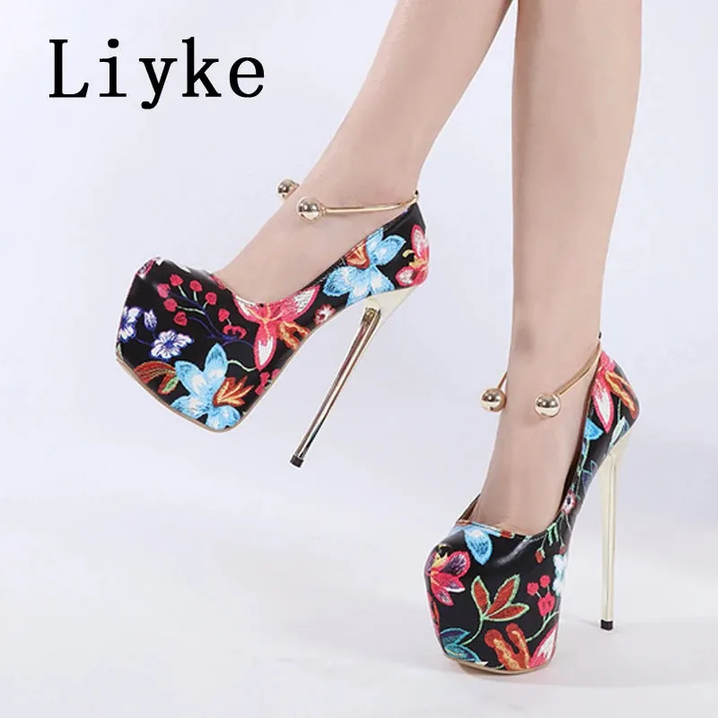 Liyke Sexy Metal Ankle Strap Women Platform Pumps Fashion Print Flowers Leather Round Toe Super High Heels Party Stripper Shoes