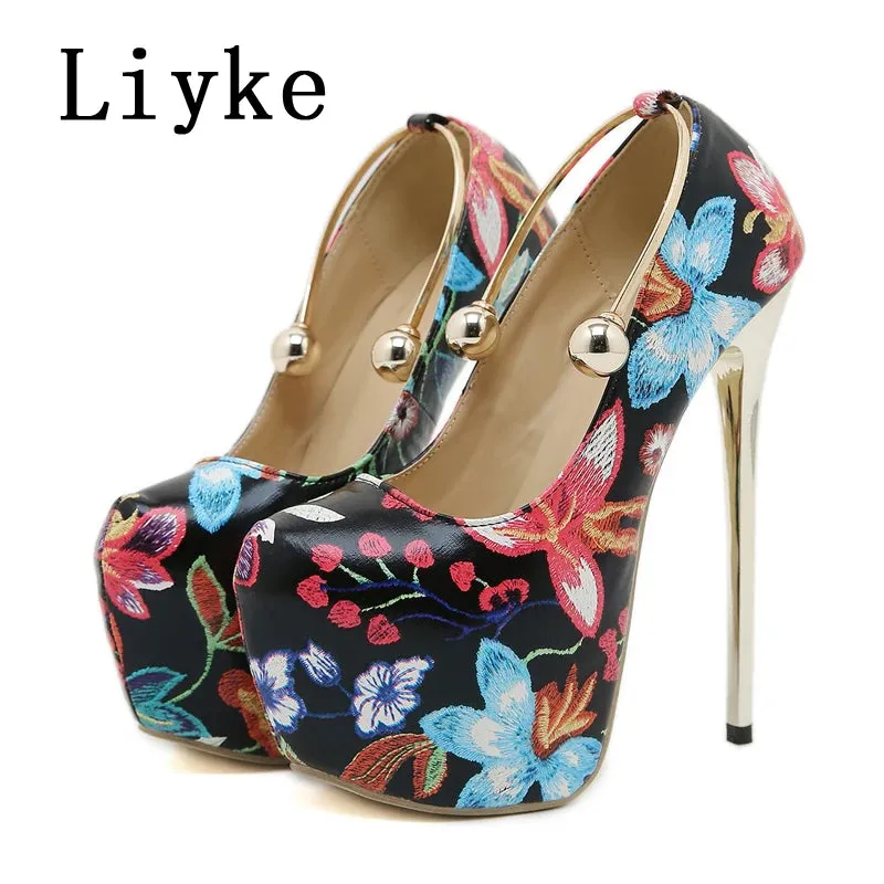 Liyke Sexy Metal Ankle Strap Women Platform Pumps Fashion Print Flowers Leather Round Toe Super High Heels Party Stripper Shoes