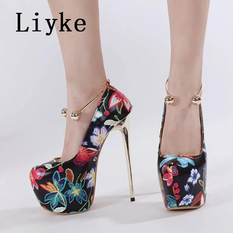 Liyke Sexy Metal Ankle Strap Women Platform Pumps Fashion Print Flowers Leather Round Toe Super High Heels Party Stripper Shoes
