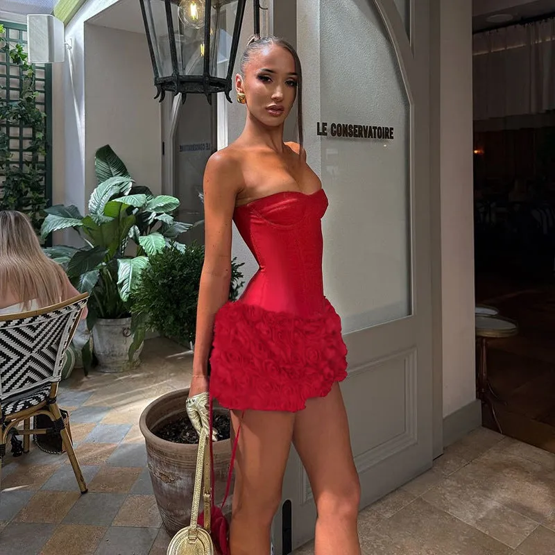 Luxury Strapless Corset Mini Dress with 3D Rose Skirt