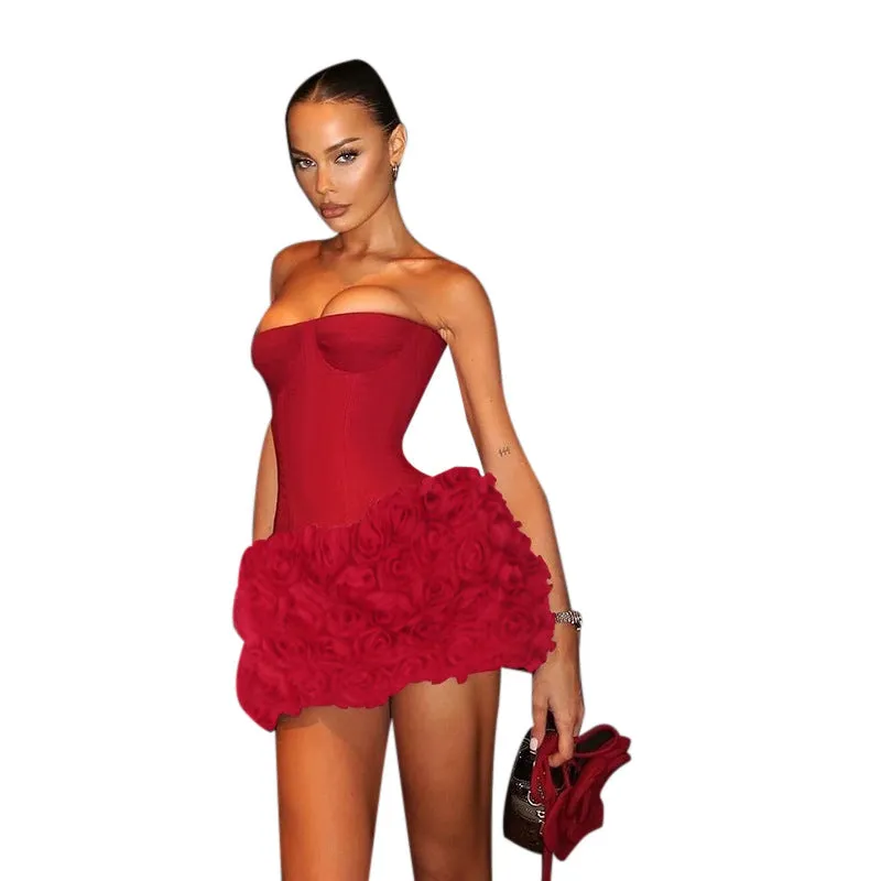 Luxury Strapless Corset Mini Dress with 3D Rose Skirt