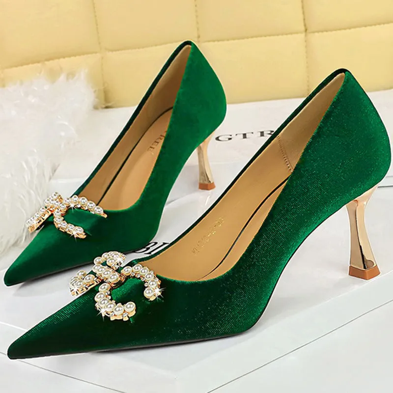 Luxury Women 7cm High Heels Wedding Pumps Lady Luxury Designer Metal Chain Buckle High Heels Stiletto Women Dress Shoes