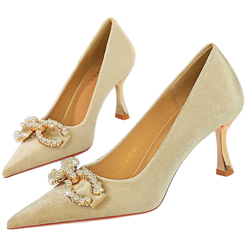 Luxury Women 7cm High Heels Wedding Pumps Lady Luxury Designer Metal Chain Buckle High Heels Stiletto Women Dress Shoes