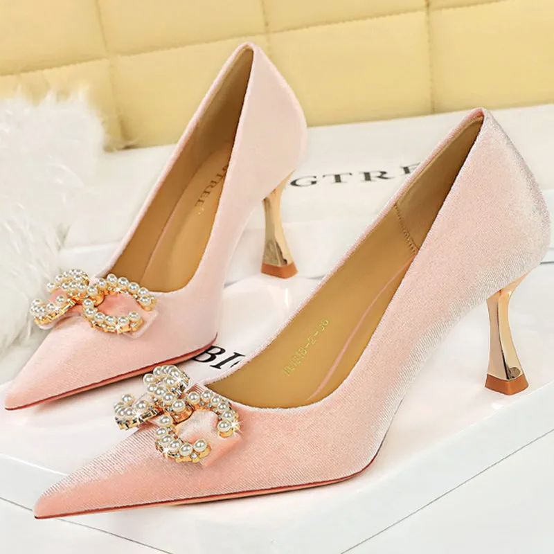 Luxury Women 7cm High Heels Wedding Pumps Lady Luxury Designer Metal Chain Buckle High Heels Stiletto Women Dress Shoes