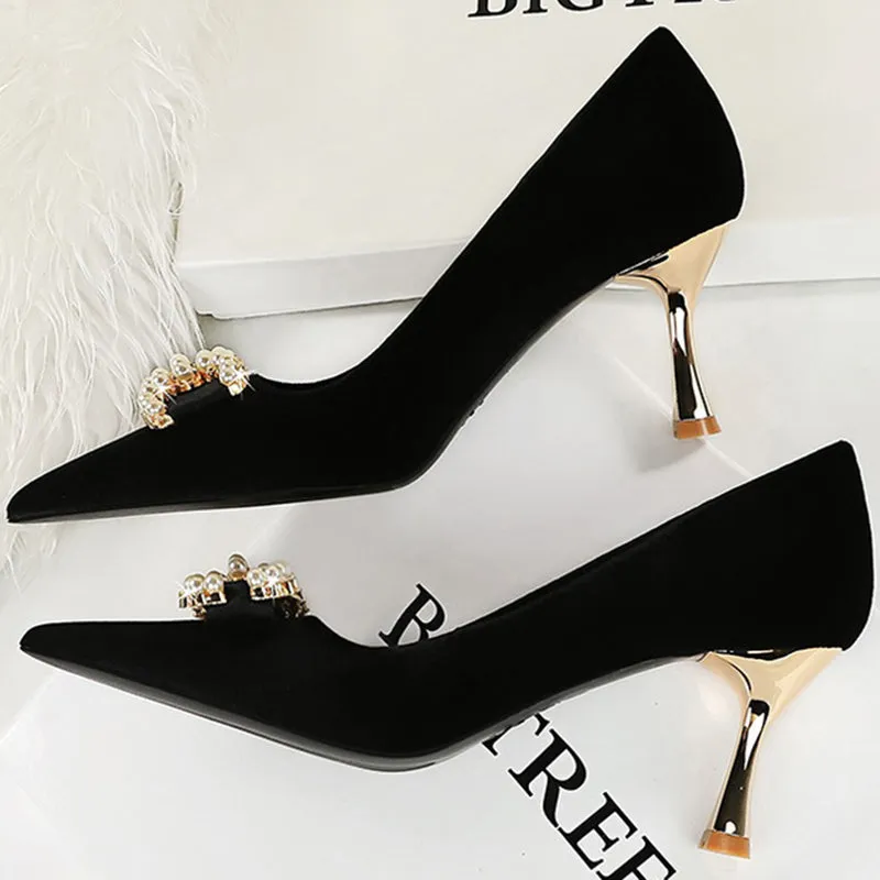 Luxury Women 7cm High Heels Wedding Pumps Lady Luxury Designer Metal Chain Buckle High Heels Stiletto Women Dress Shoes