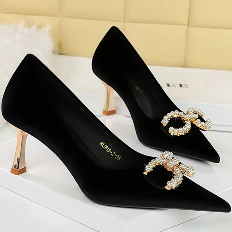 Luxury Women 7cm High Heels Wedding Pumps Lady Luxury Designer Metal Chain Buckle High Heels Stiletto Women Dress Shoes