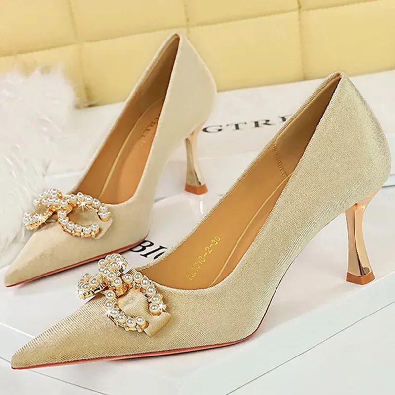 Luxury Women 7cm High Heels Wedding Pumps Lady Luxury Designer Metal Chain Buckle High Heels Stiletto Women Dress Shoes
