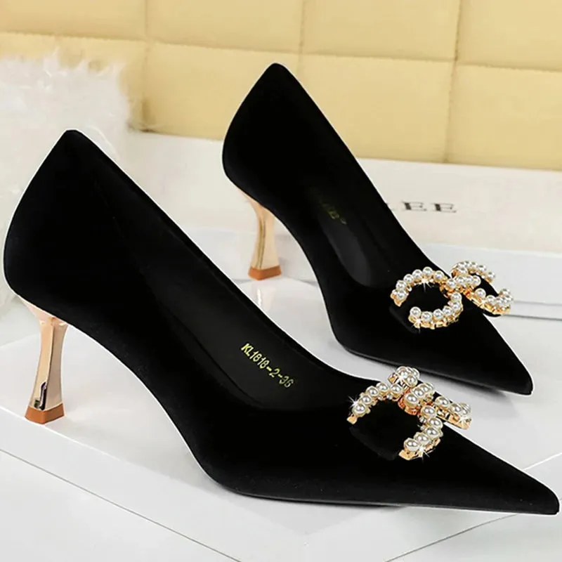 Luxury Women 7cm High Heels Wedding Pumps Lady Luxury Designer Metal Chain Buckle High Heels Stiletto Women Dress Shoes