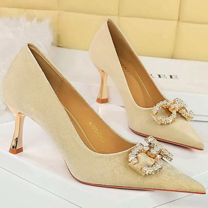 Luxury Women 7cm High Heels Wedding Pumps Lady Luxury Designer Metal Chain Buckle High Heels Stiletto Women Dress Shoes