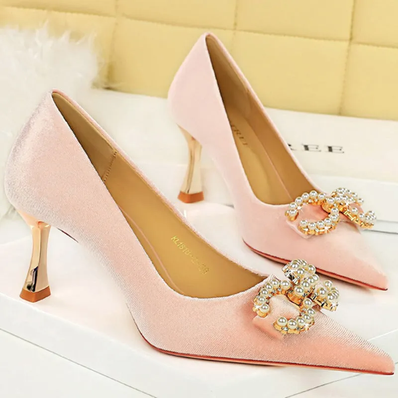 Luxury Women 7cm High Heels Wedding Pumps Lady Luxury Designer Metal Chain Buckle High Heels Stiletto Women Dress Shoes