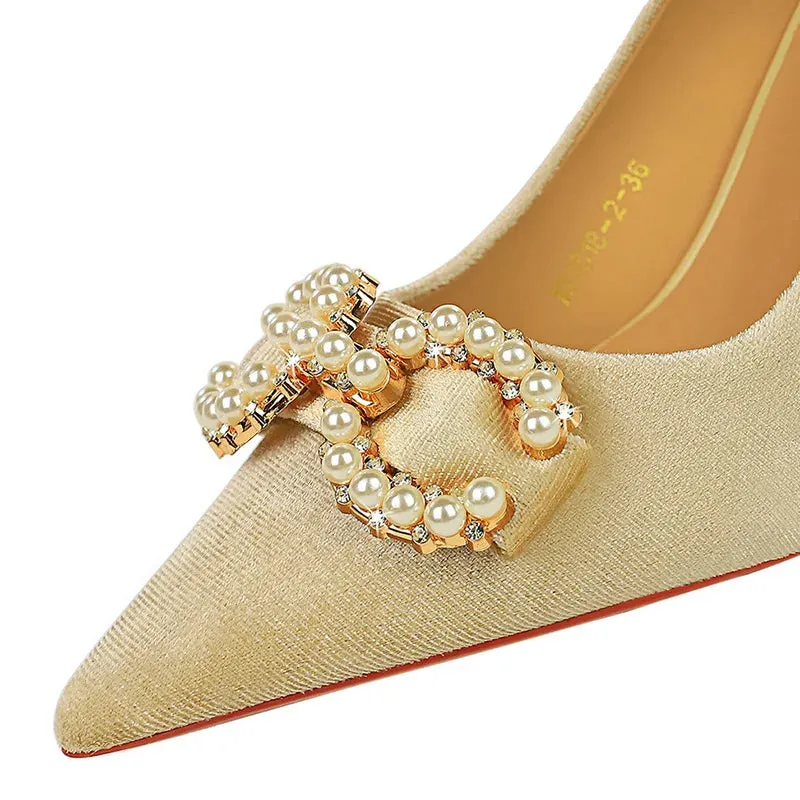 Luxury Women 7cm High Heels Wedding Pumps Lady Luxury Designer Metal Chain Buckle High Heels Stiletto Women Dress Shoes