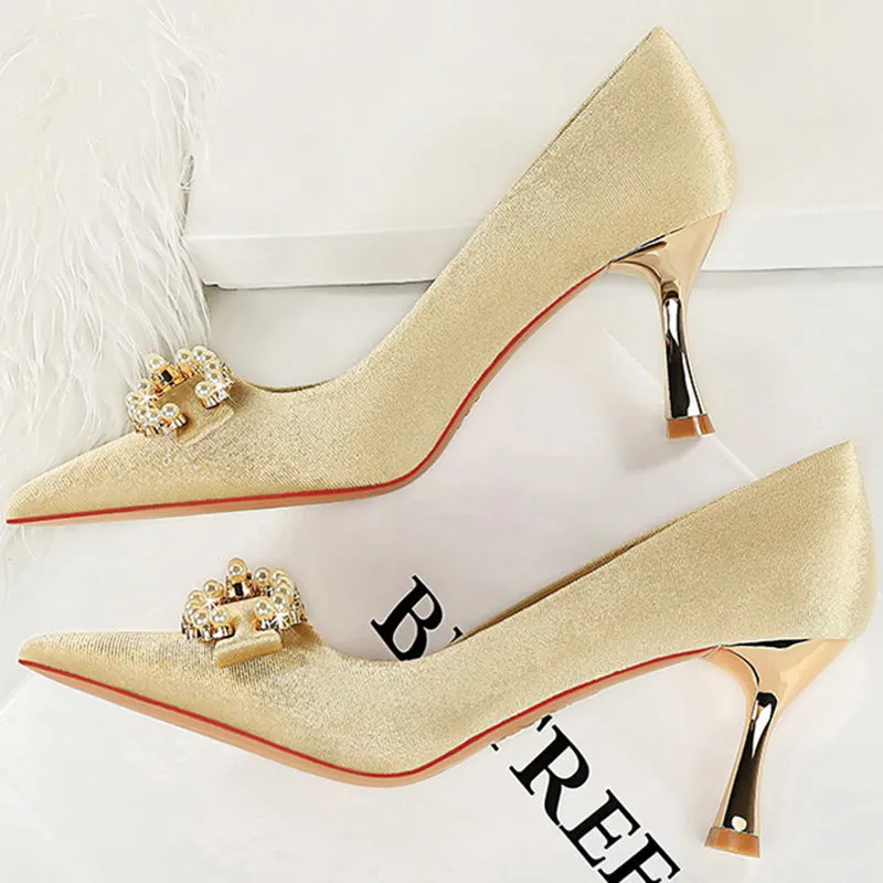 Luxury Women 7cm High Heels Wedding Pumps Lady Luxury Designer Metal Chain Buckle High Heels Stiletto Women Dress Shoes