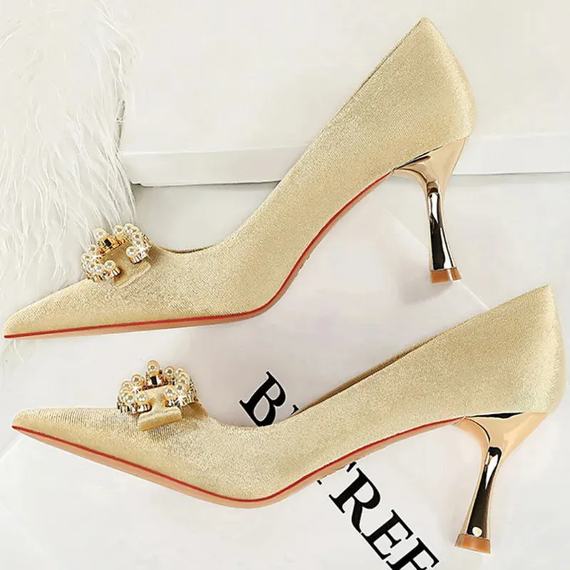 Luxury Women 7cm High Heels Wedding Pumps Lady Luxury Designer Metal Chain Buckle High Heels Stiletto Women Dress Shoes