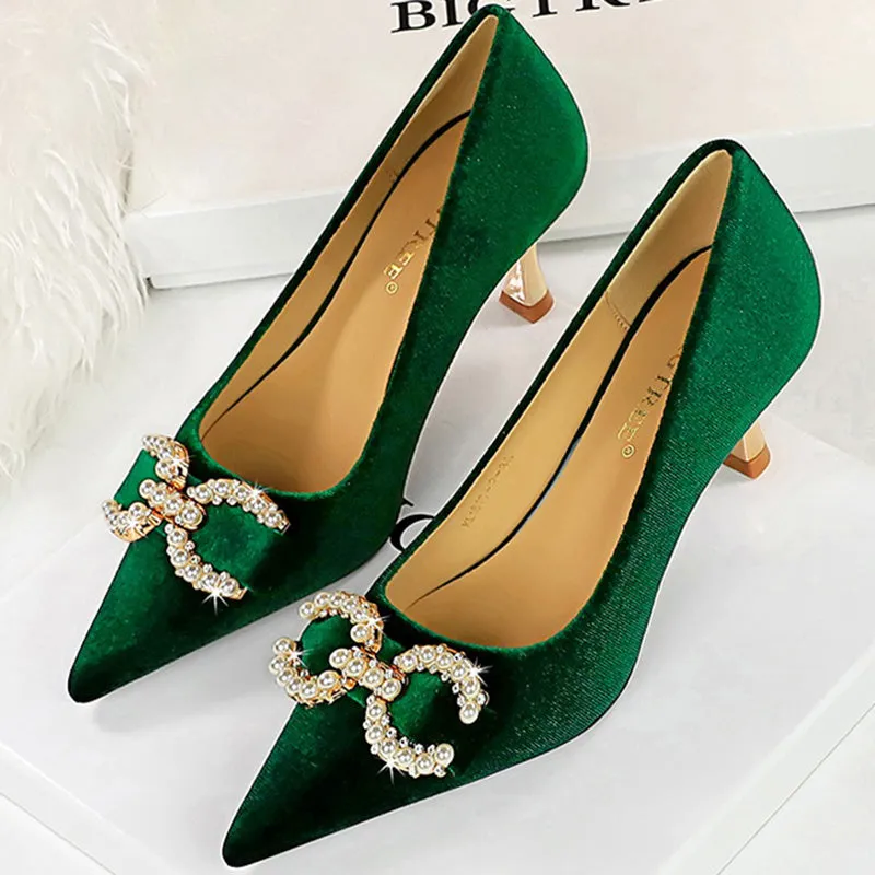 Luxury Women 7cm High Heels Wedding Pumps Lady Luxury Designer Metal Chain Buckle High Heels Stiletto Women Dress Shoes