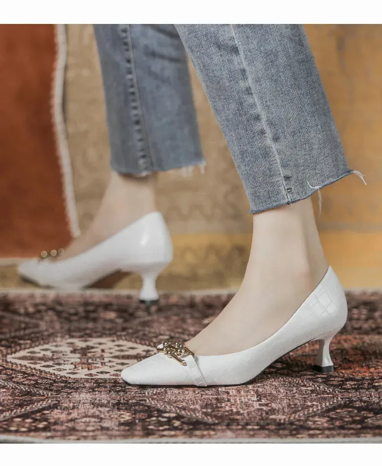 Luxury Women White Low Heels Sandals Designer Kitten High Heels Stone Pattern Vintage Office Ladies Party Shoes