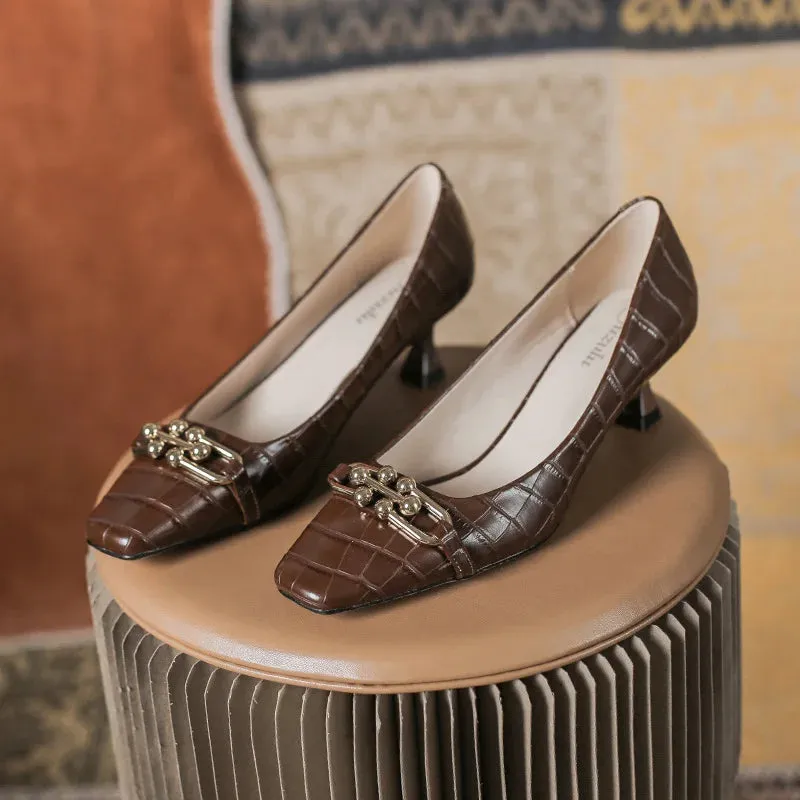 Luxury Women White Low Heels Sandals Designer Kitten High Heels Stone Pattern Vintage Office Ladies Party Shoes