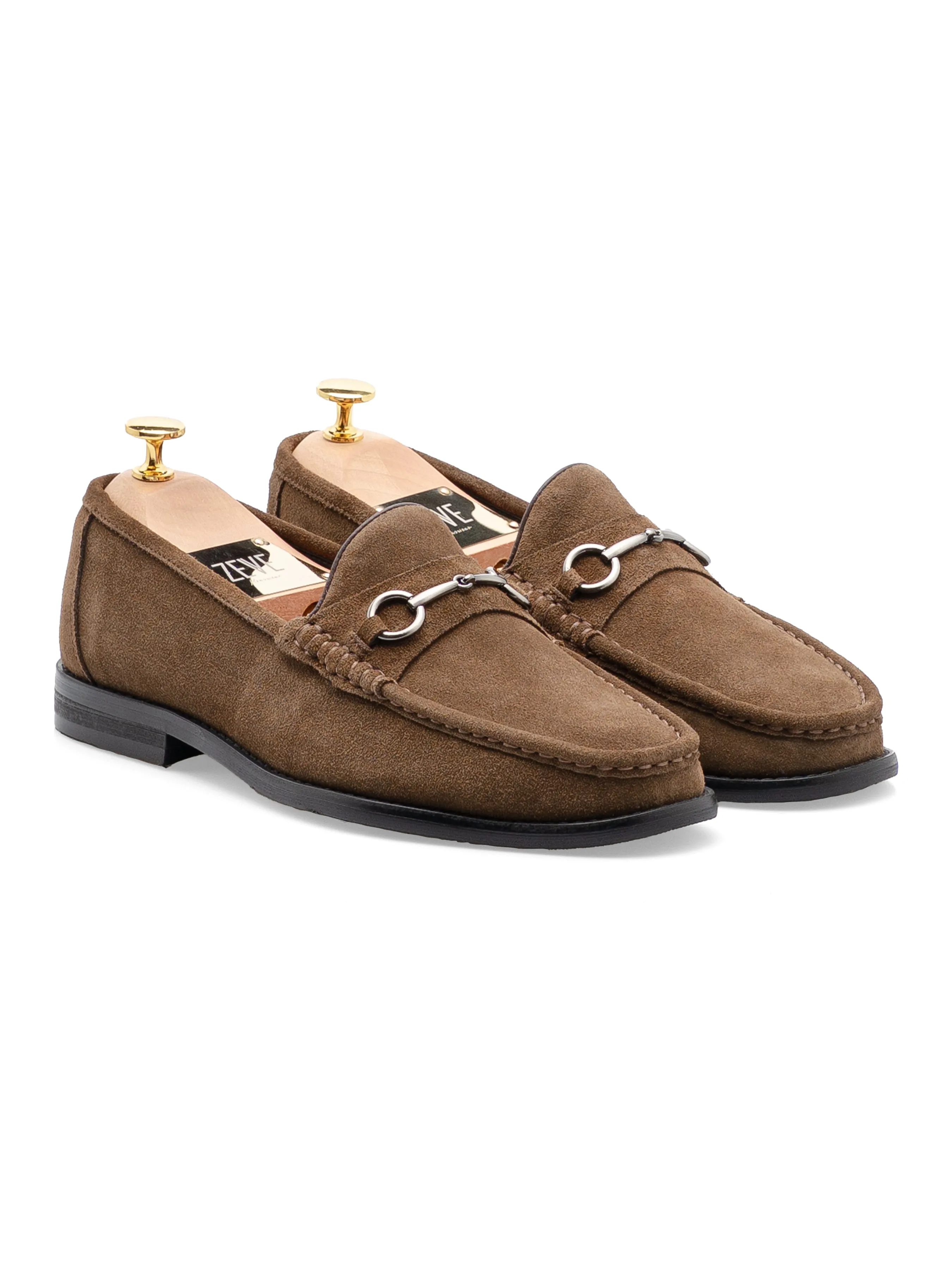 Mario Horsebit Moccasin Loafer - Khakis Suede Leather (Silver Buckle)
