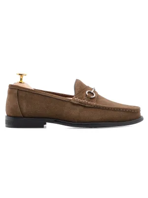 Mario Horsebit Moccasin Loafer - Khakis Suede Leather (Silver Buckle)