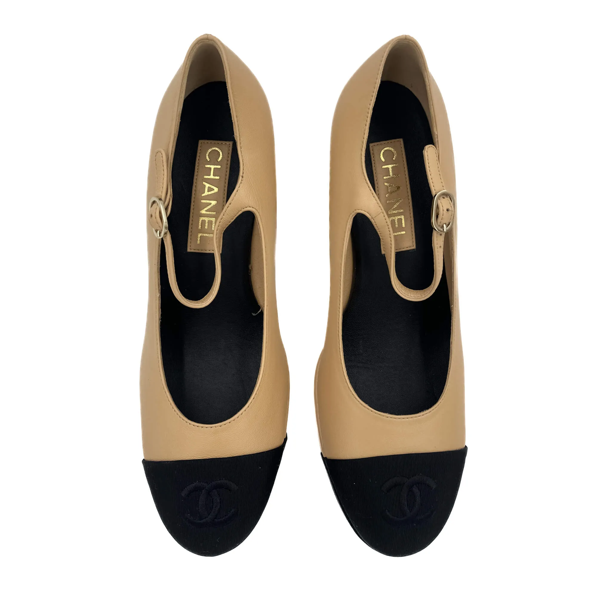 Mary Janes Lambskin Leather Shoes Beige & Black - size 38.5 EU