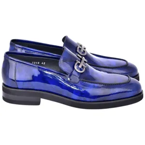 Men’s Glossy Finish Marble Blue Low Cut Buckle Round Toe Loafer By Corrente