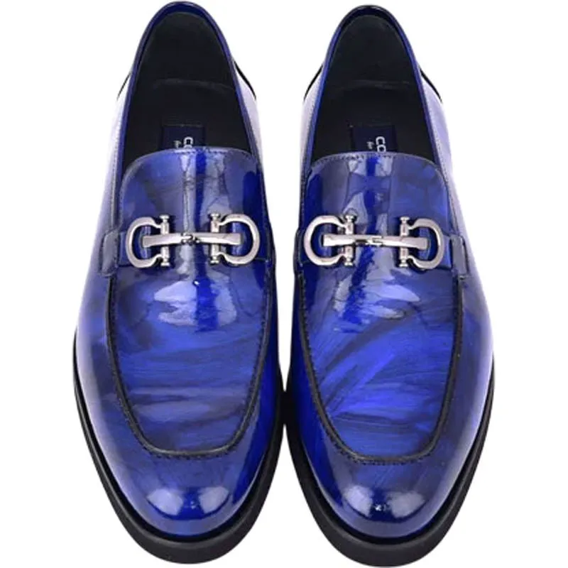 Men’s Glossy Finish Marble Blue Low Cut Buckle Round Toe Loafer By Corrente