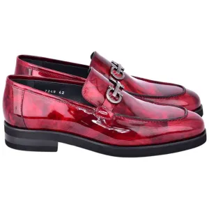 Men’s Glossy Finish Marble Red Low Cut Buckle Round Toe Loafer By Corrente