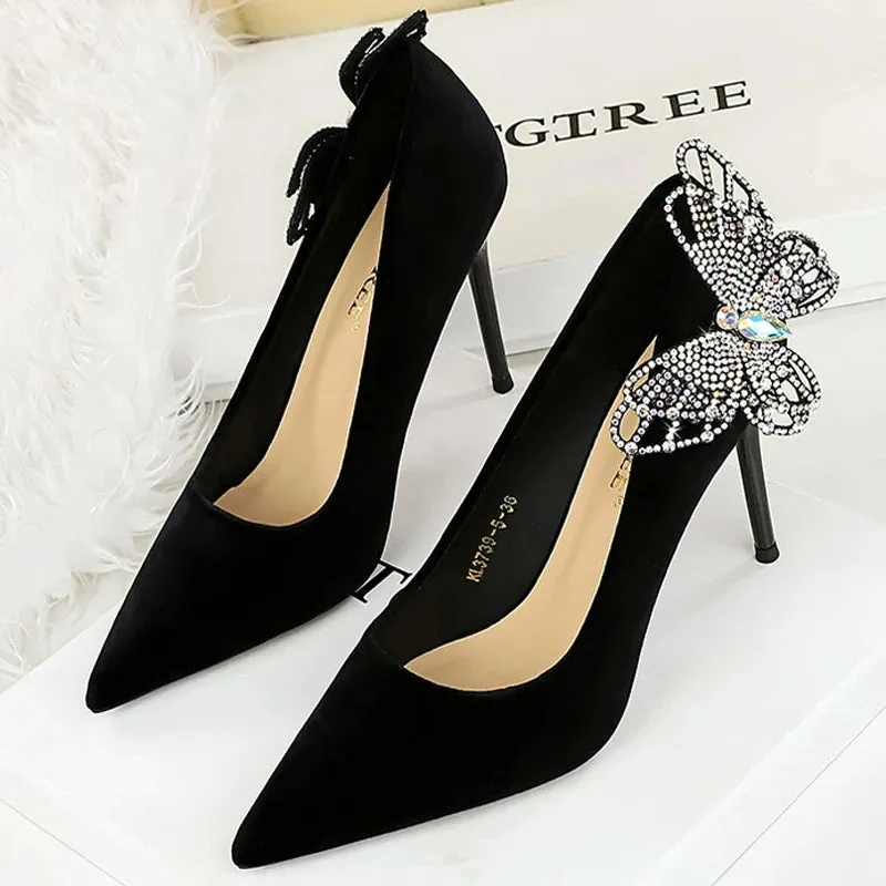 New Side bowknot Rhinestone Butterfly Women Pumps Stilettos Heels 9.5 CM Elegant high heels Luxury banquet shoes party shoes