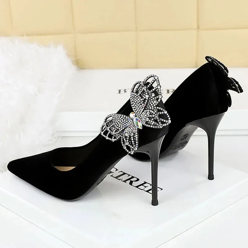New Side bowknot Rhinestone Butterfly Women Pumps Stilettos Heels 9.5 CM Elegant high heels Luxury banquet shoes party shoes