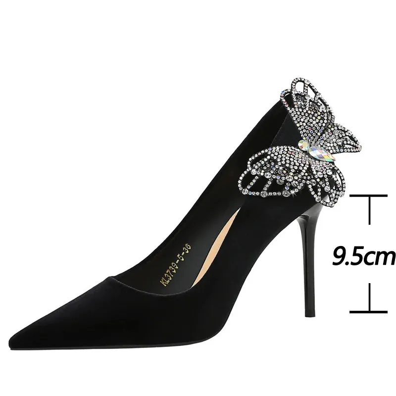 New Side bowknot Rhinestone Butterfly Women Pumps Stilettos Heels 9.5 CM Elegant high heels Luxury banquet shoes party shoes