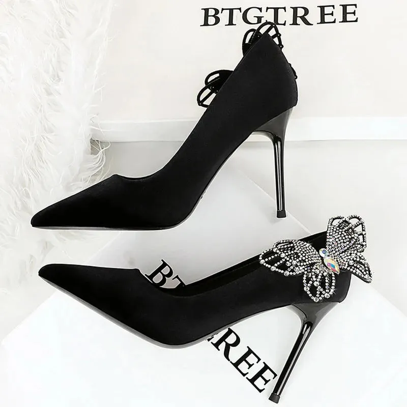 New Side bowknot Rhinestone Butterfly Women Pumps Stilettos Heels 9.5 CM Elegant high heels Luxury banquet shoes party shoes