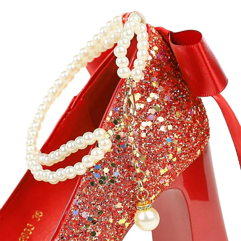 Pearl Chain Design Women Pumps Sequin Platform high heels Square head Thick heeled shoes with Women heels