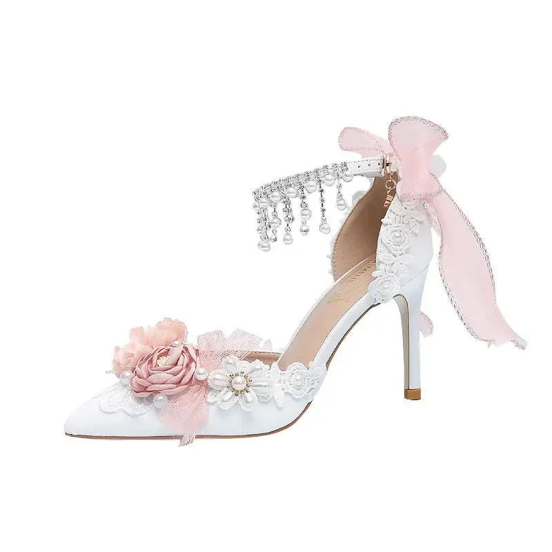Pearl Rhinestone High Heels Sweet Flower Knot Shoes