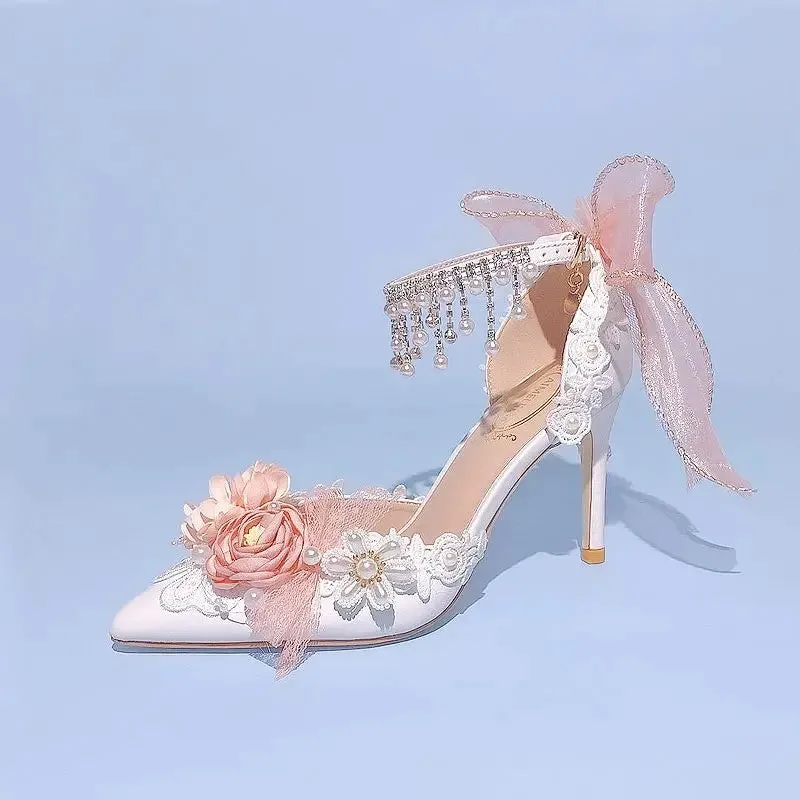 Pearl Rhinestone High Heels Sweet Flower Knot Shoes