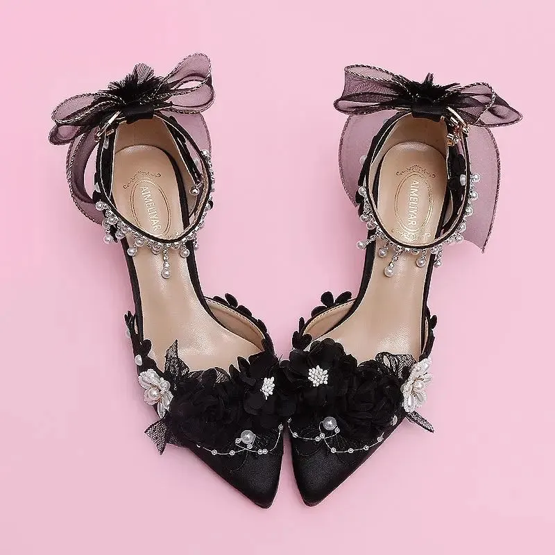 Pearl Rhinestone High Heels Sweet Flower Knot Shoes