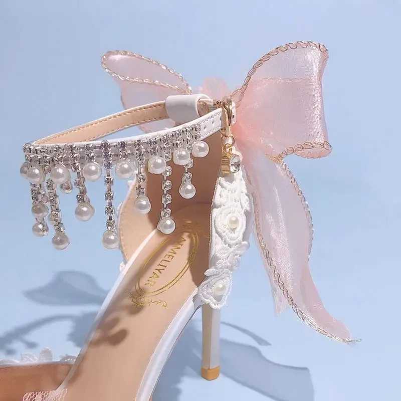 Pearl Rhinestone High Heels Sweet Flower Knot Shoes
