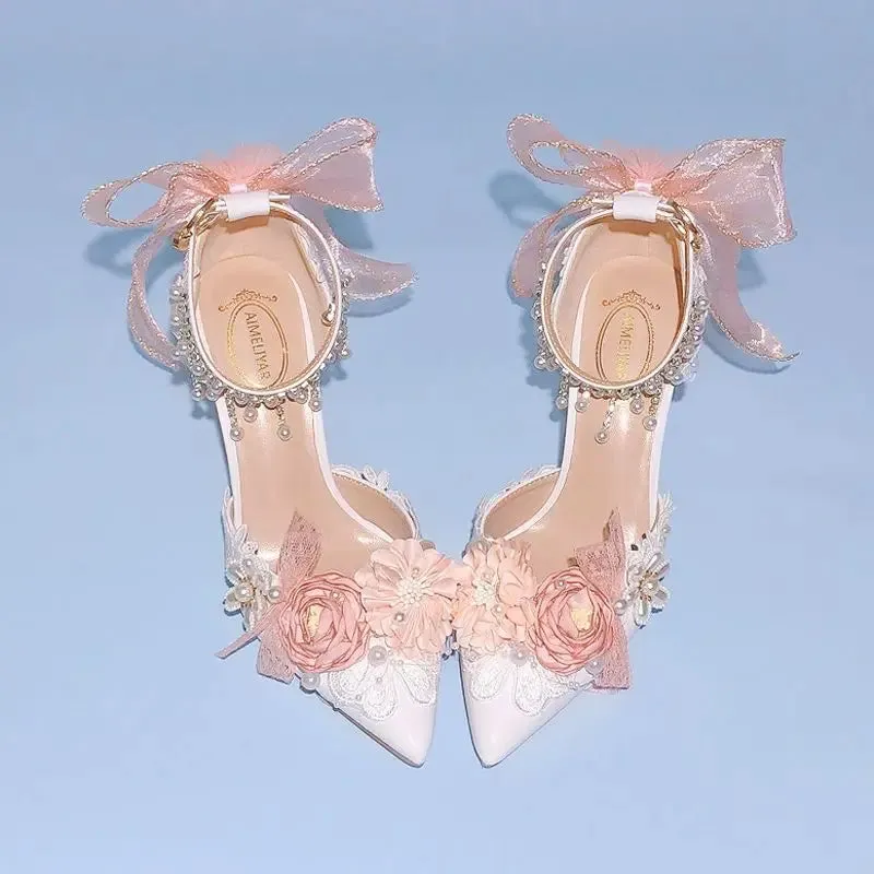 Pearl Rhinestone High Heels Sweet Flower Knot Shoes
