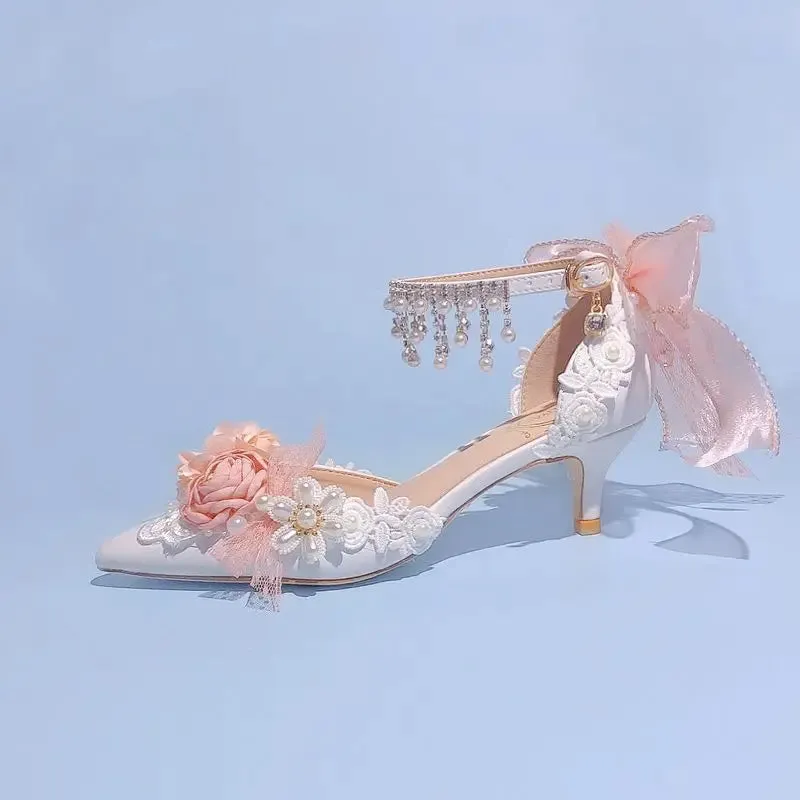 Pearl Rhinestone High Heels Sweet Flower Knot Shoes