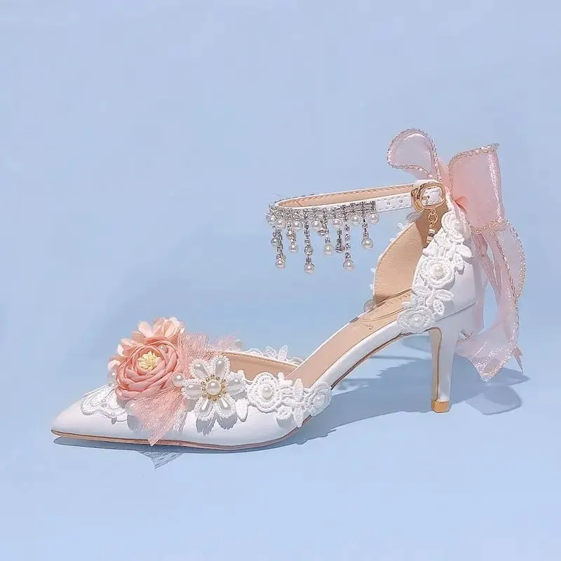 Pearl Rhinestone High Heels Sweet Flower Knot Shoes