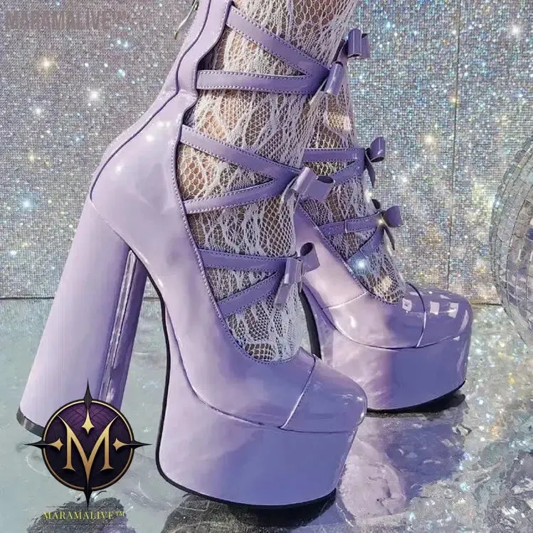 Purple Lolita Women's High Heels 15cm with Thick Bottom Buckle Round Head Hollow Out for Comfort Sweet Sandals