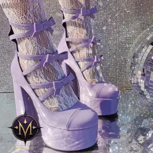 Purple Lolita Women's High Heels 15cm with Thick Bottom Buckle Round Head Hollow Out for Comfort Sweet Sandals