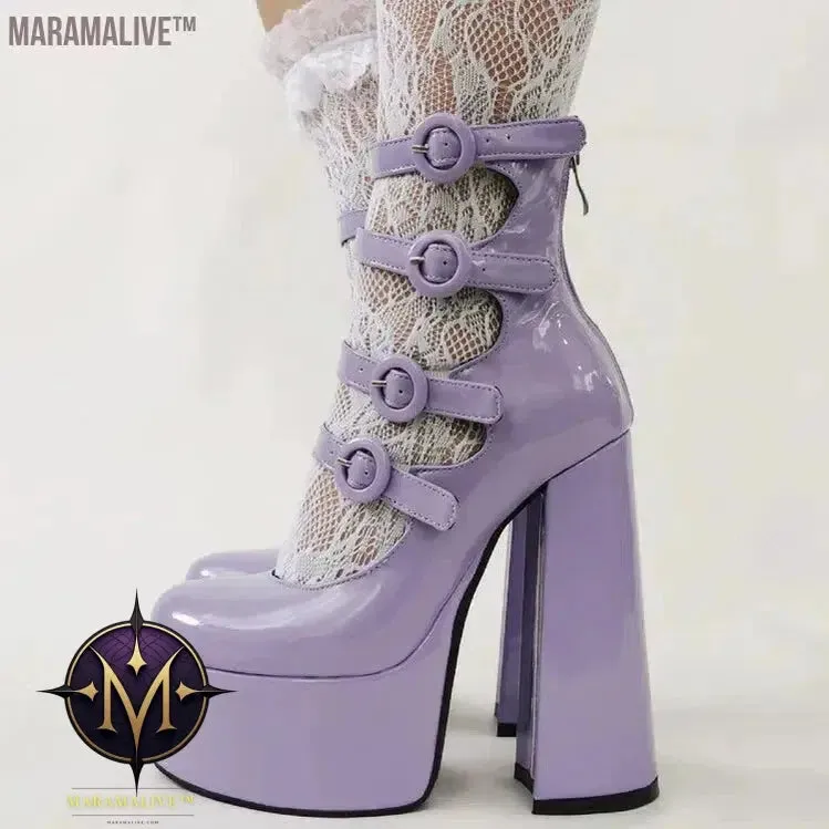 Purple Lolita Women's High Heels 15cm with Thick Bottom Buckle Round Head Hollow Out for Comfort Sweet Sandals