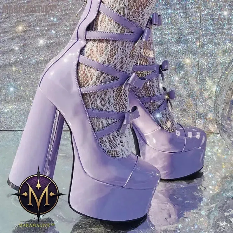 Purple Lolita Women's High Heels 15cm with Thick Bottom Buckle Round Head Hollow Out for Comfort Sweet Sandals