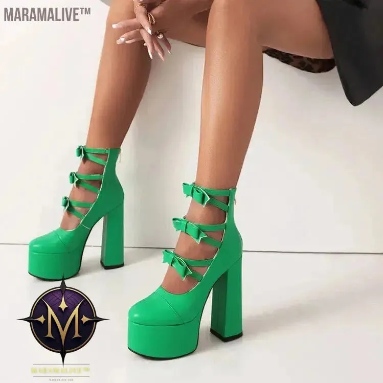 Purple Lolita Women's High Heels 15cm with Thick Bottom Buckle Round Head Hollow Out for Comfort Sweet Sandals